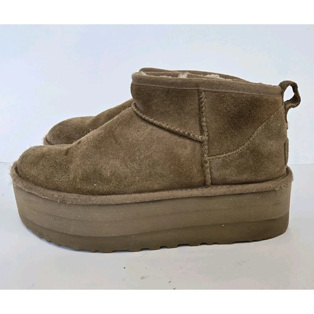 Ugg Boots Womens Size 7 Classic Ultra Mini Platform Burnt Cedar Suede Ankle